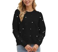 Kedera Herbstpullover für Damen, langärmelig, Rundhalsausschnitt, Strick, verzierte Schleife, lockere Passform, Y2K, lässiger Pullover mit Perlen, Schwarz, Groß