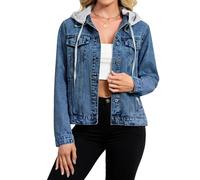 Kedera Lässige Jeansjacke für Damen, mit Knopfleiste, langärmelig, abnehmbarer Kapuzenpullover, Vintage-Stil, Boyfriend-Jeansmantel, B-Blau, L