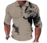 keephen Herren Wolf bedrucktes Langarm-Poloshirt 3D-Tier-Wolf-Muster Sweatshirt mit halber Knopfleiste Casual Business Pullover Tops
