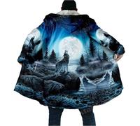 keephenDE Winter Herrenmantel Schöner Stammes Eingeborener Wolf 3D Gedruckt Dicker Fleece Kapuzenmantel Unisex Beiläufiger Warmer Cape Mantel
