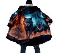 keephenDE Winter Herrenmantel Schöner Stammes Eingeborener Wolf 3D Gedruckt Dicker Fleece Kapuzenmantel Unisex Beiläufiger Warmer Cape Mantel