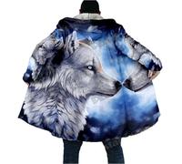keephenDE Winter Herrenmantel Schöner Stammes Eingeborener Wolf 3D Gedruckt Dicker Fleece Kapuzenmantel Unisex Beiläufiger Warmer Cape Mantel