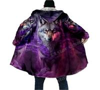keephenDE Winter Herrenmantel Schöner Stammes Eingeborener Wolf 3D Gedruckt Dicker Fleece Kapuzenmantel Unisex Beiläufiger Warmer Cape Mantel