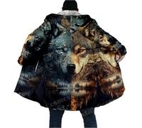 keephenDE Winter Herrenmantel Schöner Stammes Eingeborener Wolf 3D Gedruckt Dicker Fleece Kapuzenmantel Unisex Beiläufiger Warmer Cape Mantel