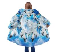 keephenDE Winter Herrenmantel Schöner Stammes Eingeborener Wolf 3D Gedruckt Dicker Fleece Kapuzenmantel Unisex Beiläufiger Warmer Cape Mantel