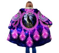 keephenDE Winter Herrenmantel Schöner Stammes Eingeborener Wolf 3D Gedruckt Dicker Fleece Kapuzenmantel Unisex Beiläufiger Warmer Cape Mantel