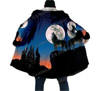 keephenDE Winter Herrenmantel Schöner Stammes Eingeborener Wolf 3D Gedruckt Dicker Fleece Kapuzenmantel Unisex Beiläufiger Warmer Cape Mantel