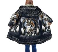 keephenDE Winter Herrenmantel Schöner Stammes Eingeborener Wolf 3D Gedruckt Dicker Fleece Kapuzenmantel Unisex Beiläufiger Warmer Cape Mantel