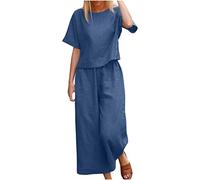 Keepink 2-teiliges Sommer-Outfit für Damen, lässig, einfarbig, Rundhalsausschnitt, kurzärmeliges Shirt + weites Bein, Lounge-Sets, elegant, einfarbig, bequem, lockere Trainingsanzüge, 2-marineblau, 42