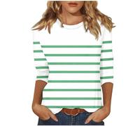 Keepink 3/4-Ärmel, Tops für Damen, Sommer, elegant, lässig, Damenblusen, gestreift, gepunktet, Basic-T-Shirts, lockerer Rundhalsausschnitt, elegant, Tunika-Pullover, Übergröße, S-5XL, 1 Grün, S