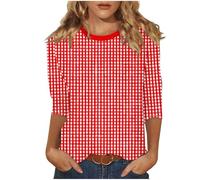Keepink 3/4-Ärmel, Tops für Damen, Sommer, elegant, lässig, Damenblusen, gestreift, gepunktet, Basic-T-Shirts, lockerer Rundhalsausschnitt, elegant, Tunika-Pullover, Übergröße, S-5XL, 3 rot, XL