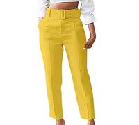 Keepink Arbeitshose für Damen, Büro, elegante Stretch-Anzughose mit Gürtel, gerades Bein, tailliert, hoher elastischer Bund, konischer Knöchel, Grazer Slim, 032 Gelb, XXL
