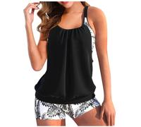 Keepink Bauchweg-Badeanzug für Damen, elegantes Outfit, Tankini mit Shorts, trendig, schillernd, farbenfroher Druck, 2-teilig, Strandmode, Badeanzug, UK, 6-schwarz, S