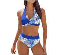 Keepink Bikini-Sets für Damen, Größe 2024, hohe Taille, zweiteilig, Twist-Front, Patchwork-Farbdruck, überkreuzte Bikini-Oberteile, Wickel-Bikini-Set, 4-blau, L
