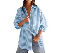 Keepink Blusen für Damen, elegant, Smart Tops, gestreift, Button-Down-Shirt, langärmelig, Kragen, Bluse, lässig, übergroßes Hemd, Sommer-Top, Urlaub, Strandkleidung, 1 x Blau, L