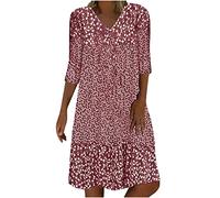 Keepink Boho-Kleider für Damen, Übergröße, 3/4-Ärmel, Blumendruck, V-Ausschnitt, lockeres T-Shirt, fließendes Kleid, Sommer, lässiges Strandkleid, Herbst, Tunika-Kleid für Damen, Größe 38-48, 1 x Rot,
