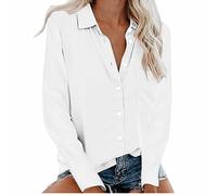 Keepink Button-Down-Shirts für Damen, langärmelig, elegant, V-Ausschnitt, Kragen, einfarbig, übergroß, Tunika, Hemd, Business, Arbeit, Büro, Bluse mit Tasche, 1 weiß, 36