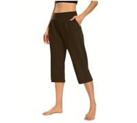 Keepink Caprihose für Damen, lockere Hose, hohe Taille, elastische Taille, kurze Hose, Sommer, weites Bein, Lounge, Palazzo, Sweathose, leger, Fitnessstudio, Yoga, Hose mit Taschen, 3 Braun, 42