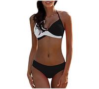 Keepink Damen-Bikini-Set, Bauchkontrolle, elegant, V-Ausschnitt, zweiteilig, hohe Taille, trendiger Patchwork-Farbe, überkreuzte Badeanzüge, V-Ausschnitt, Spaghettiträger-Bikini, 1-schwarz, M