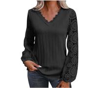 Keepink Damen-Bluse und Hemd, elegante Spitze, Patchwork-Tops, langärmelig, Laternenärmel, Pullover, trendig, einfarbig, V-Ausschnitt, Tunika-Pullover, lässig, lockerer Puff-T-Shirt, 0139 x Schwarz,