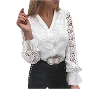 Keepink Damen-Blusen und Hemden, langärmelig, Spitze, einfarbig, elegant, lässig, lockerer Rundhalsausschnitt, elegantes Hemd, Arbeit, Büro, Party, Damen-T-Shirt, Ausverkauf, 1 weiß, S