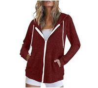 Keepink Damen Casual Zip Up Hoodie Pullover Oversized Leichte Kapuzenjacke Relaxed Fit Langarm Offene Strickjacke mit Taschen Gemütliches Sweatshirt Oberbekleidung Damen Warme Mäntel, 1 & Weinrot, S
