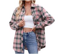 Keepink Damen-Hemden, kariert, klassisch, Knopfleiste, langärmelig, Oversize-Bluse, Tops mit Taschen, Flanell, kariert, Shacket Jacke, Freizeithemden, Herbstkleidung, 0164 Pink, M