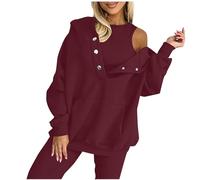Keepink Damen-Kapuzenpullover und Westen, 2-teiliges Outfit, einfarbig, lässiger Pullover, langärmelig, Henley-Knopf, V-Ausschnitt, Sweatshirt, elegantes Kapuzen-Top, Tunika, Pullover, Taschen,