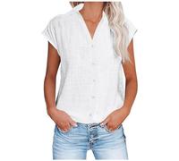 Keepink Damen-Leinenhemd, Flügelärmel, V-Ausschnitt, Button-Down-Shirt, locker, elegant, lässig, elegant, Kragen, Arbeit, Büro, Bluse, Sommer-Top, Ausgehen, T-Shirts groß, 12 weiß, 44