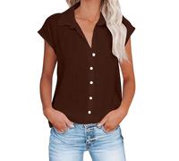 Keepink Damen-Leinenhemd, Flügelärmel, V-Ausschnitt, Button-Down-Shirt, locker, elegant, lässig, elegant, Kragen, Arbeit, Büro, Bluse, Sommer-Top, Ausgehen, T-Shirts groß, 7 Braun, 36