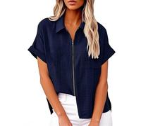 Keepink Damen-Oberteil, durchgehender Reißverschluss, Baumwoll-Leinen-Hemdjacke für Damen, einfarbig, kurzärmelig, Sommermantel, leichter Mantel mit Taschen, trendige, elegante Tunika-Bluse