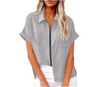 Keepink Damen-Oberteil, durchgehender Reißverschluss, Baumwoll-Leinen-Hemdjacke für Damen, einfarbig, kurzärmelig, Sommermantel, leichter Mantel mit Taschen, trendige, elegante Tunika-Bluse