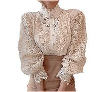 Keepink Damen-Oberteil, elegant, Spitzenbesatz, einfarbig, elegant, lässig, viktorianische Bluse, langärmelig, Knopfleiste, Stehkragen, modernes schlankes Hemd, Damenpullover für Business Arbeit und