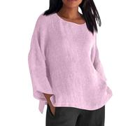 Keepink Damen-Oberteil, Leinenoberteil, lässig, locker, langärmelig, einfarbig, Rundhalsausschnitt, elegant, elegante Blusen, leichte Tunika, T-Shirts, Ausgehen, Pullover, Übergröße, S-5XL, 3 Rosa,