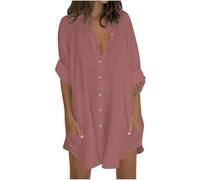 Keepink Damen-Oberteil, Übergröße, Baumwollleinen, Knopfleiste, Sommer, lässig, Bluse, Roll-Up-Ärmel, Tops, extra langes Oberteil mit Taschen, Hawaii-Strandbekleidung, Damenbekleidung, 6 Rosa, 38