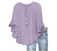 Keepink Damen-Oberteil, V-Ausschnitt, 3/4-Ärmel, Spitzen-Hemd, Sommer, Henley-Shirt, bequem, weich, Ösen, elegant, lässig, Arbeit, Blusen, übergroßes langes Oberteil zum Tragen mit Leggings, 3 lila