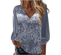 Keepink Damen Pailletten Tops Langarm Glitzer Sparkly Party Bluse V-Ausschnitt Herbst Ausgehen Shirt E-Girl Streetwear Clubwear Dressy Abend Party Nachtclub Cocktail Pullover, 038 Silber, Large