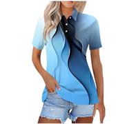 Keepink Damen-Polo-Shirts, Größe 36-46, Knopfleiste, V-Ausschnitt, Sommer-Top, elegant, lässig, Kragen, Business-Arbeit, Blusen, bedruckte Tunika-T-Shirts, kurzärmeliges Poloshirt, 1 x Blau., 40