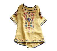Keepink Damen-Sommer-Top, ethnischer Stil, bestickt, kurzärmelig, lange Rundhalsausschnitt, Bluse, übergroße T-Shirts, lässiger Pullover, Übergröße, Urlaub, Alltag, Boho, Streetwear, 04 gelb, L