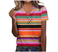 Keepink Damen-Sommer-Top, Hemd, modisch, Regenbogenstreifen, bedruckt, Bluse, V-Ausschnitt, kurze Ärmel, lockeres T-Shirt, Oversize, lässig, Tunika, elegant, gedrehtes Sweatshirt für Damen, 039,