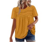 Keepink Damen-Sommer-Top, Rundhalsausschnitt, kurzärmelig, elegant, lässig, Chiffon-Blusen, fließend, gepunktet, Spitzensaum, Boho-Bluse, Damen-Top, trendige T-Shirts, Übergröße, S-3XL, 1 gelb, XXL