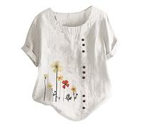 Keepink Damen-Sommer-Tops 2024, lockere, lässige Blusen, Baumwoll-Leinenhemden, Boho-besticktes Oberteil, kurzärmelig, Knopf-T-Shirt, Vintage-Tunika-Pullover, elegante T-Shirts, große Größe 42-56, 06