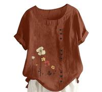 Keepink Damen Sommer Tops 2024 Lose Casual Blusen Baumwolle Leinen Shirts Boho Bestickt Top Kurzarm Knopf T-Shirt Vintage Tunika Pullover Elegante T-Shirts Große Größe 14-28, 03 x Kaffeebraun, 42