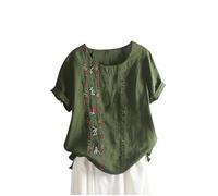 Keepink Damen Sommer Tops 2024 Lose Casual Blusen Baumwolle Leinen Shirts Boho Bestickt Top Kurzarm Knopf T-Shirt Vintage Tunika Pullover Elegante T-Shirts Große Größe 14-28, 3 x Grün, 44