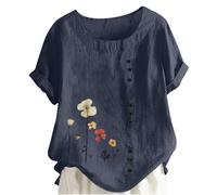 Keepink Damen Sommer Tops 2024 Lose Casual Blusen Baumwolle Leinen Shirts Boho Bestickt Top Kurzarm Knopf T-Shirt Vintage Tunika Pullover Elegante T-Shirts Große Größe 14-28, 04 x Marineblau, 42