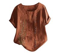 Keepink Damen Sommer Tops 2024 Lose Casual Blusen Baumwolle Leinen Shirts Boho Bestickt Top Kurzarm Knopf T-Shirt Vintage Tunika Pullover Elegante T-Shirts Große Größe 14-28, 08 x Braun, 46