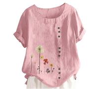 Keepink Damen Sommer Tops 2024 Lose Casual Blusen Baumwolle Leinen Shirts Boho Bestickt Top Kurzarm Knopf T-Shirt Vintage Tunika Pullover Elegante T-Shirts Große Größe 14-28, 03 x Pink, 38