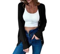 Keepink Damen-Strickjacke, langärmelig, leicht, Knopfleiste, V-Ausschnitt, gerippt, einfarbig, weich, lässig, vorne offen, Oberbekleidung, klassischer Pullover, Größe 36-46, 1 x Schwarz, 44