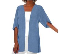 Keepink Damen-Strickjacke, Sommer, Baumwolle, einfarbig, halbe Ärmel, Kimono, vorne offen, leicht, gerippt, lässig, Basic, Top, Strand, Frühling, Herbst Kleidung, 0199 Blau, 52