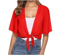 Keepink Damen-Strickjacken, Sommer, einfarbig, Chiffon, kurzärmelig, vorne offen, Bolero, mit Schnürung an der Taille, durchsichtige Jacke für Kleider, einfarbig, super dehnbare Oberteile, 0110 Rot,